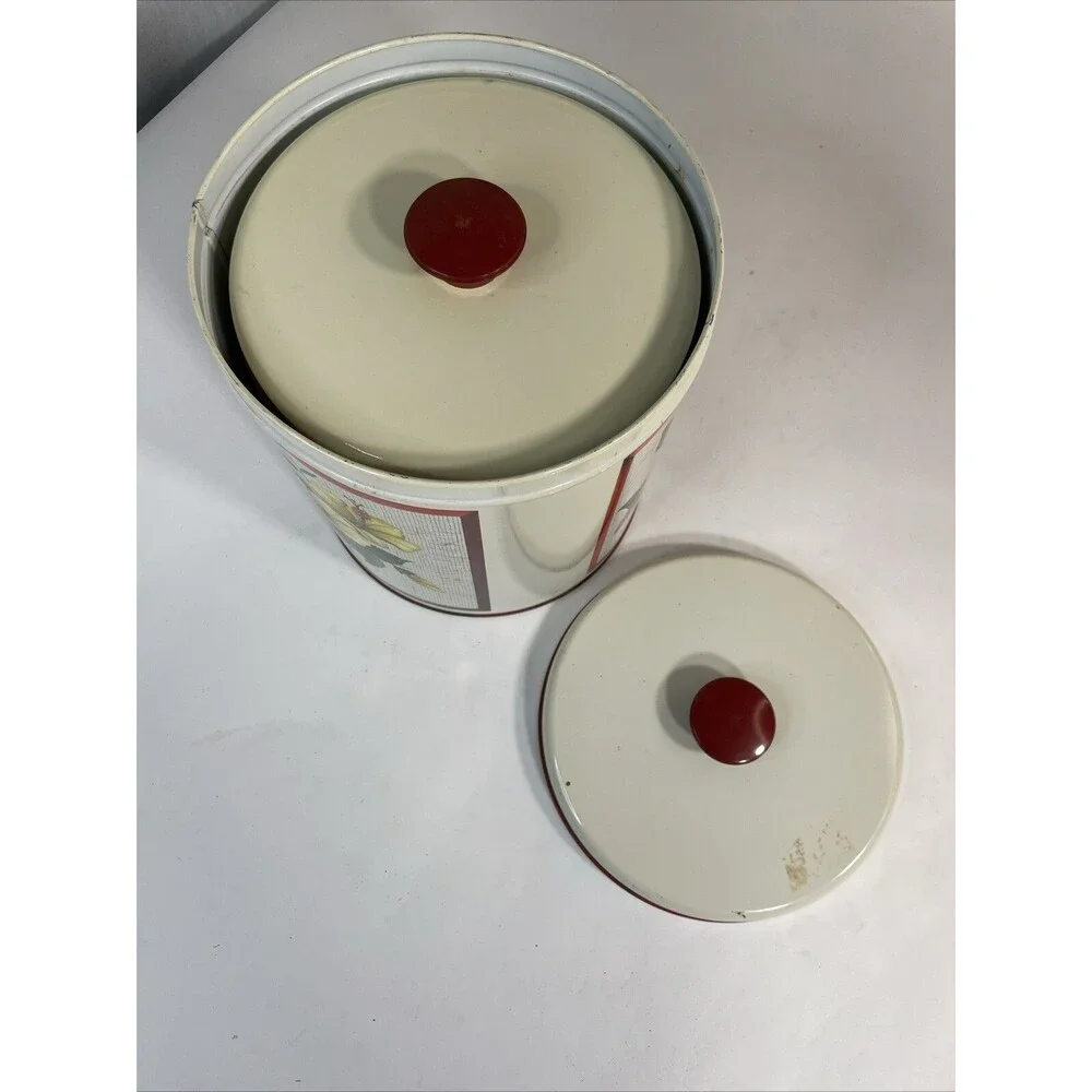MCM 1950s Maid of Honor Metal 4pc Kitchen Canister Set Floral Pattern Red Knobs